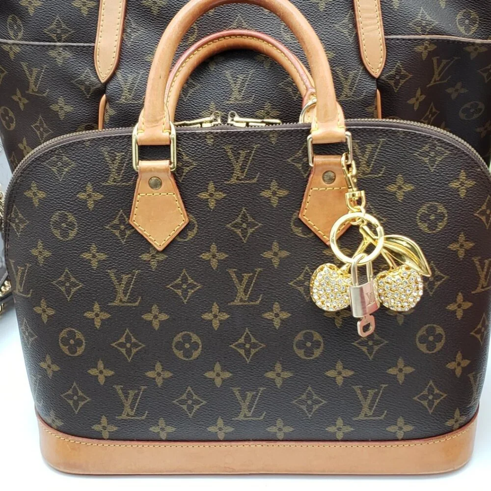 LV Authentic Gold Lock & Key 🔑 Luxury Bag Charm w/ Unbranded Cherry Keychain